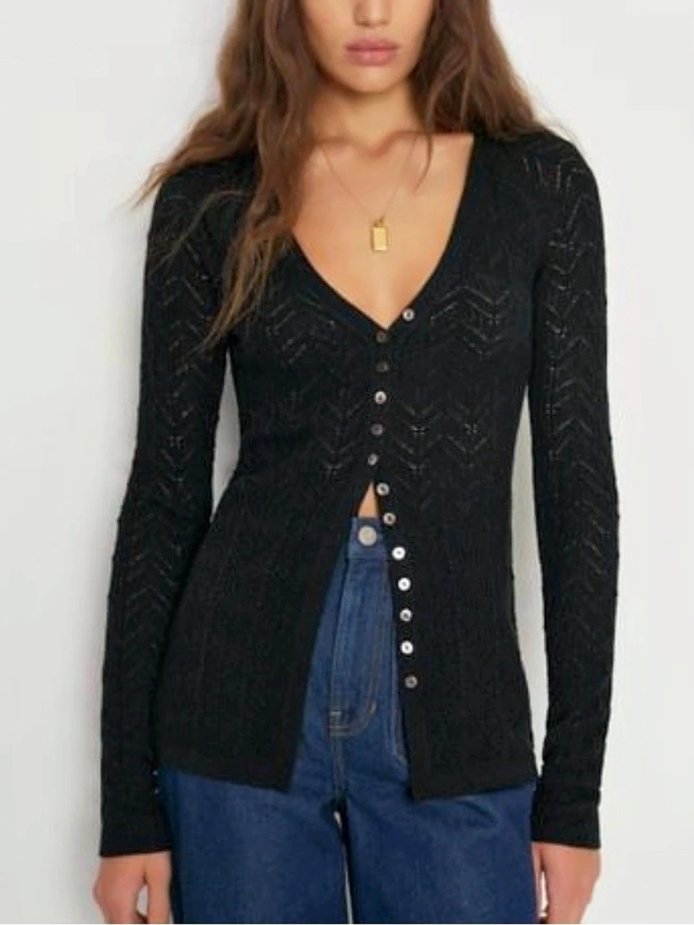 Reformation Ari Knit Cardigan Black V-Neck Button Cardigan Size Large